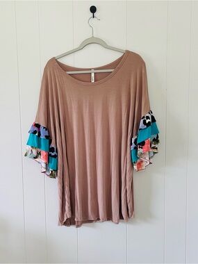 Celeste Taupe Ruffle Sleeve Top with Teal & Multicolor Accents